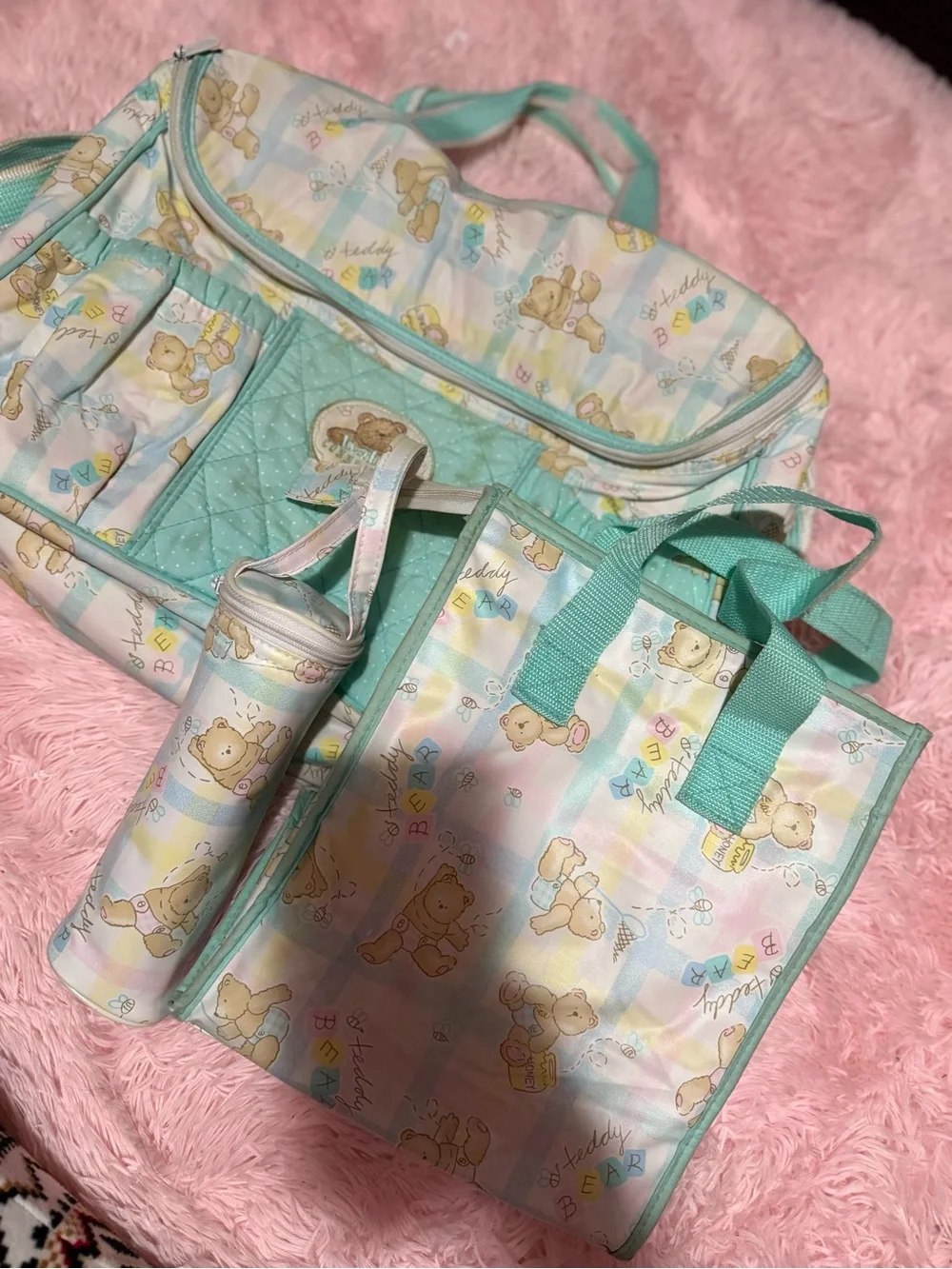 Vintage Mint Teddy Print Baby Diaper Bag Tote
